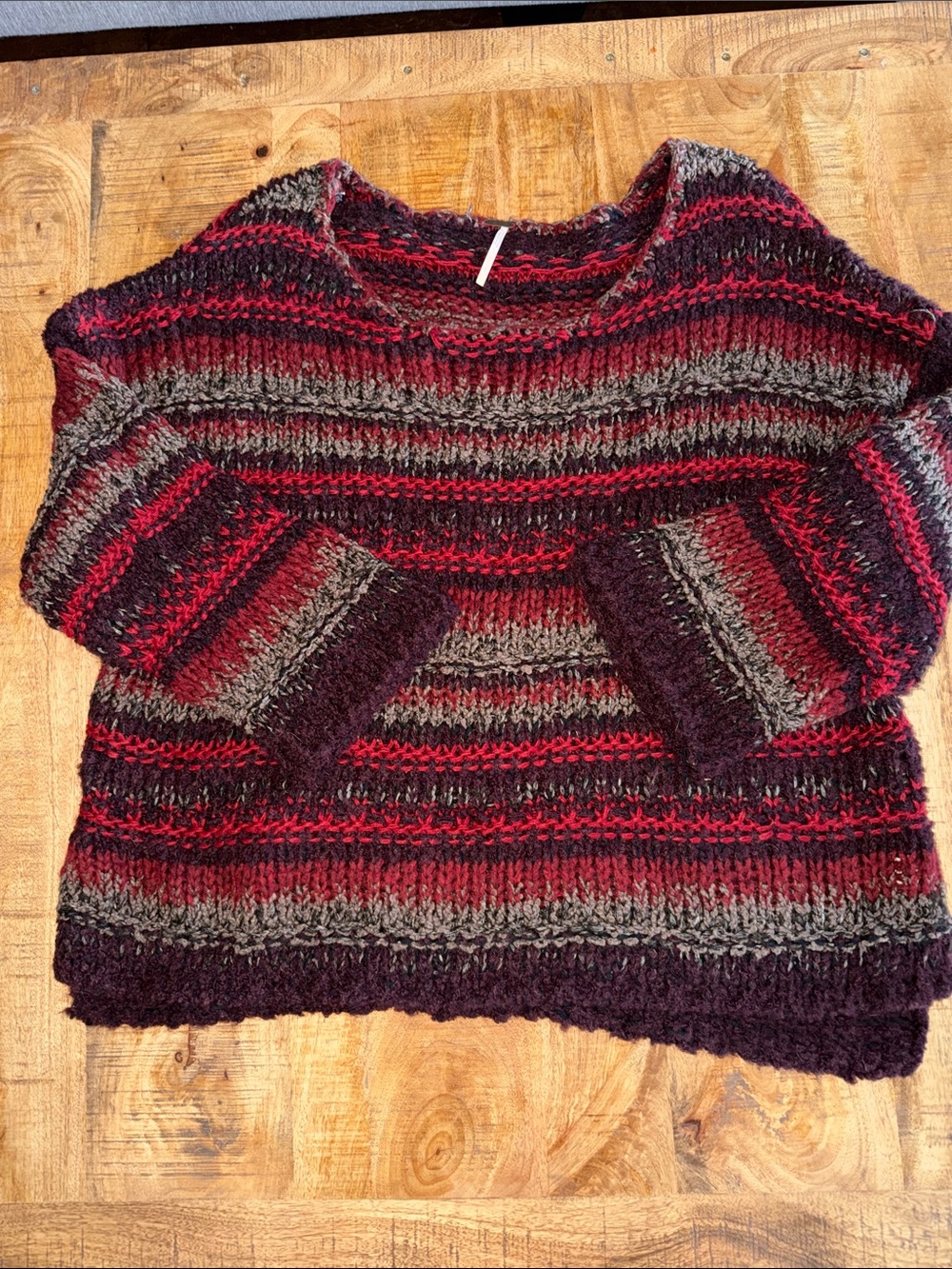 Free People Chunky Striped Crewneck Sweater in Red, Gray, Burgundy